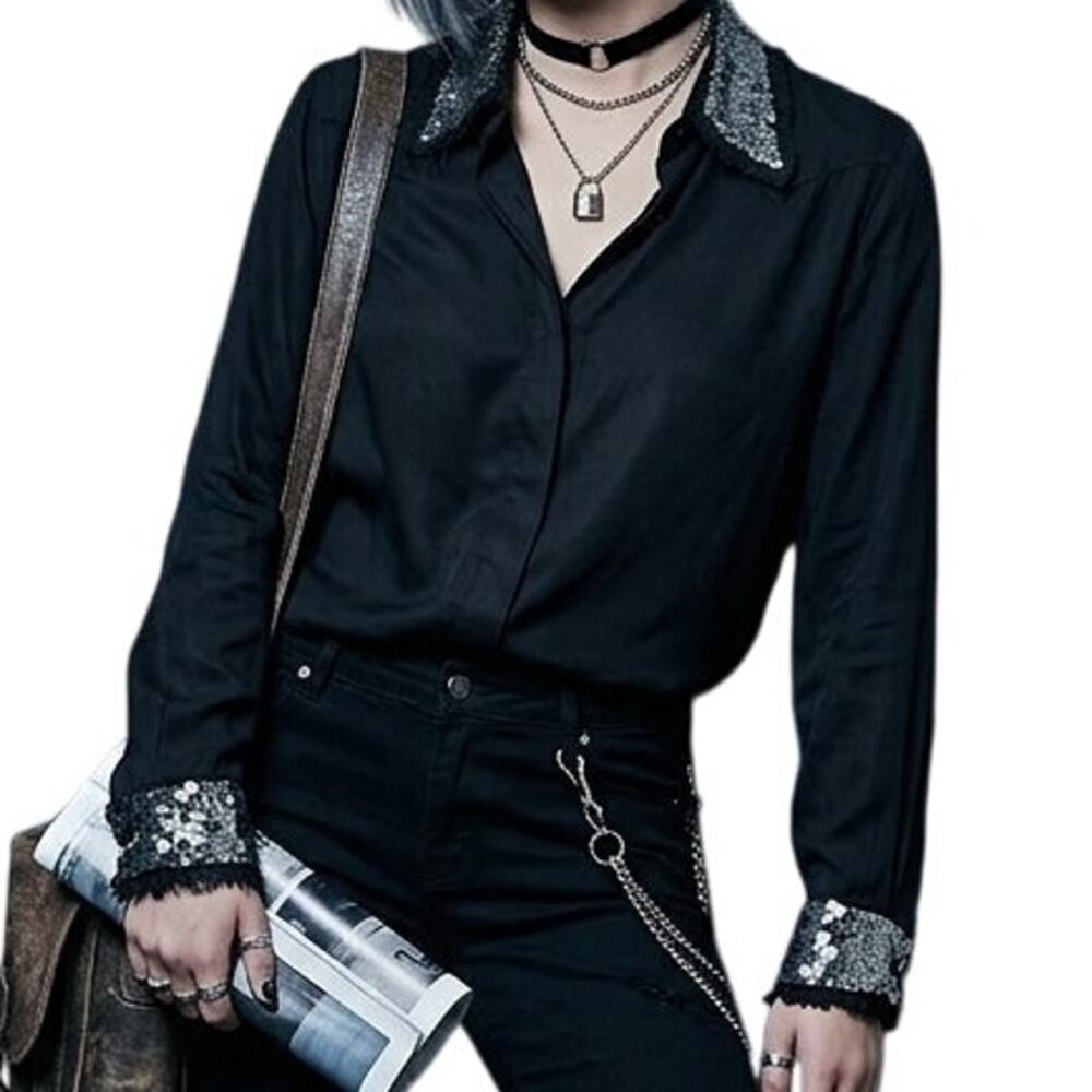 Diesel Black Top with Sequin Collar & Cuffs Women's Small Frayed Trim Button Up